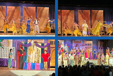  4 photos of students performing Aladdin